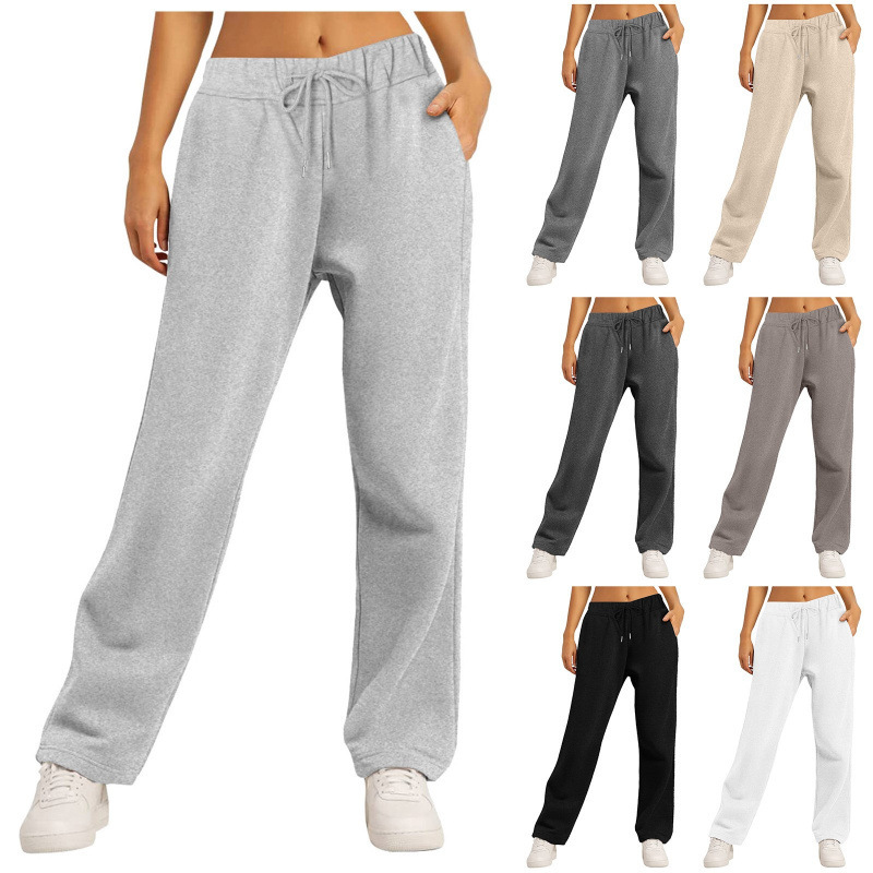 Amazon's New Side Flap Pocket Pants Elastic Waist Pants with Drawstring Pure Color Straight Wide Leg Fleece Thickeneded Sweatpants