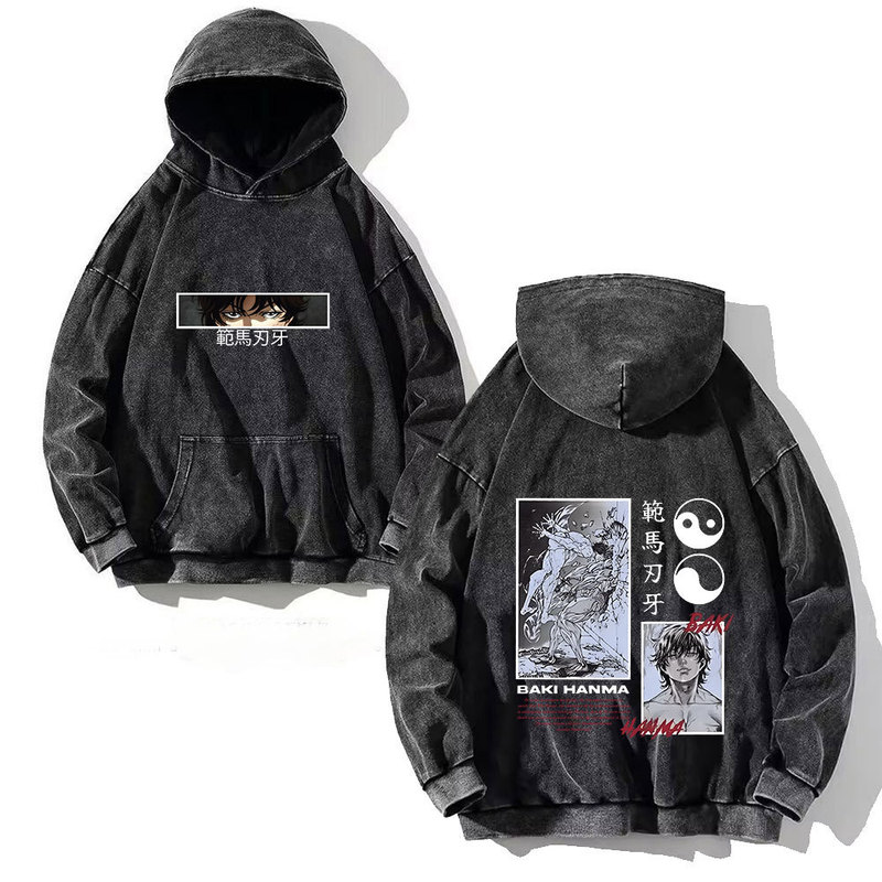 Anime Baki Hanma Printed Cotton Washed Sweatshirt Men's Hip Hop Retro Hooded Sweatshirt Streetwear