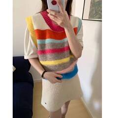 韩系叠穿坎肩彩虹多巴胺单品甜美少女圆领拼接条纹针织马甲背心