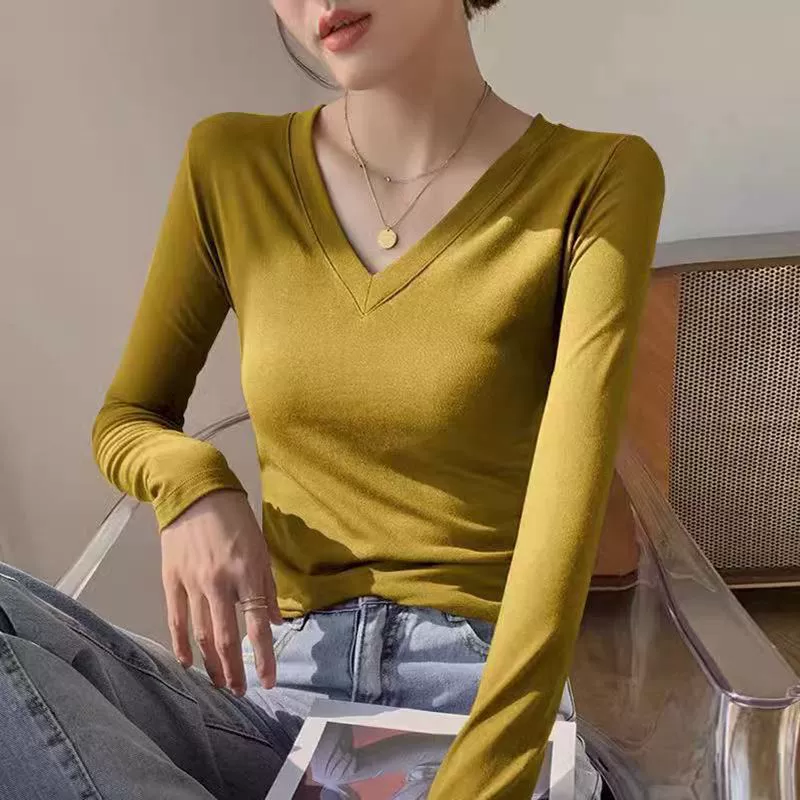Независимый трансграничный сайт, однотонная рубашка с v-образным вырезом и осенне-зимним эффектом для похудения, футболка с длинными рукавами, женский топ