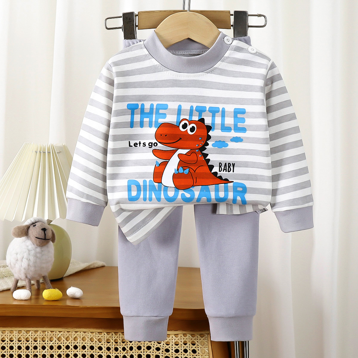 T-m pure cotton suit (grey striped dinosaur)