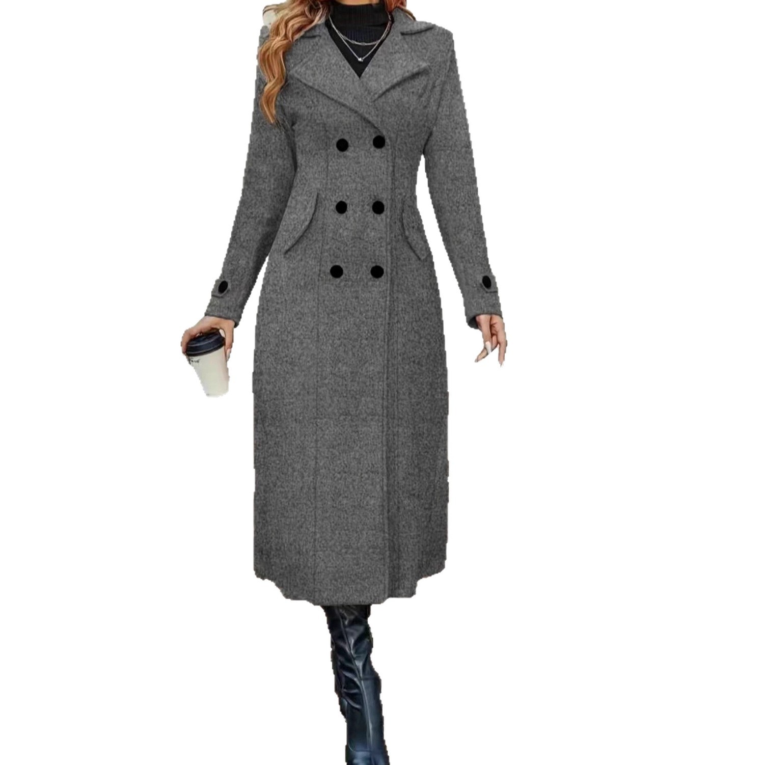 Women's Woolen Overcoat With Flipped Collar And Double Buttons_voghion.com