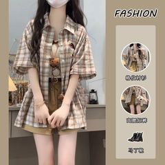 套装女2025夏季新款韩系辣妹短袖格纹衬衫吊带背心高腰短裤三件套