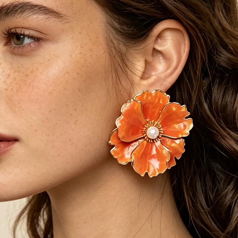 Cross-border French retro-style unique center faux pearl multi-color exaggerated flower earrings, light luxury and elegant atmosphere earrings