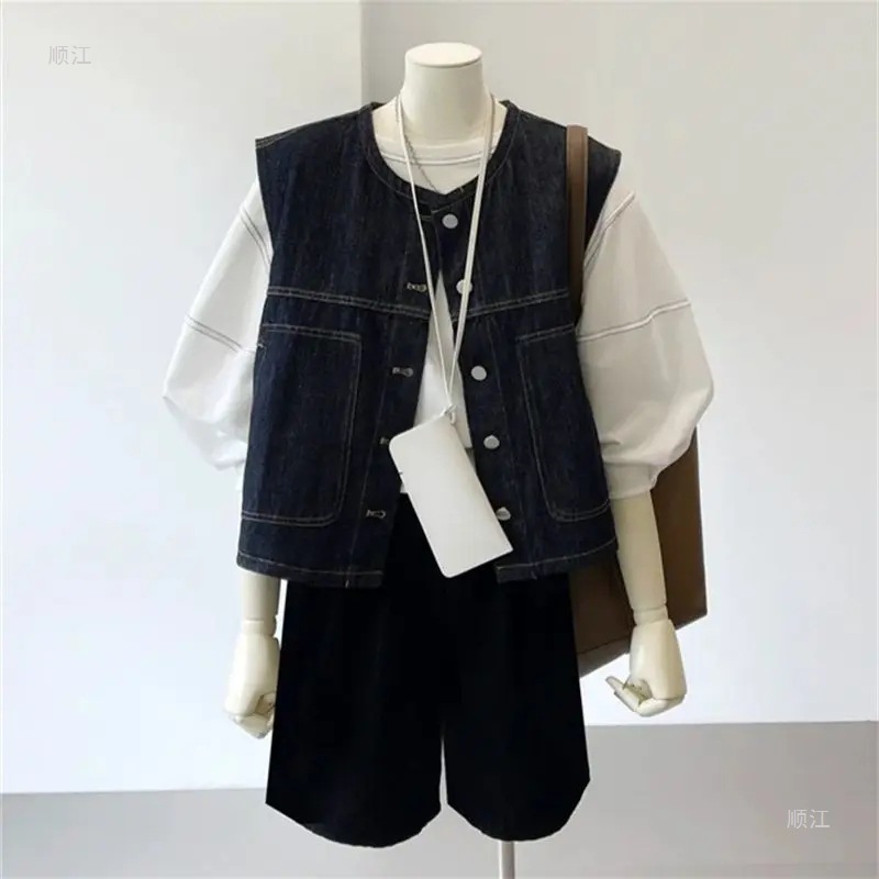 Hong Kong Style Retro Layered Outerwear Slim Denim Vest Women's Spring and Summer New Style Fashionable Sleeveless Waistoutwear Jacket