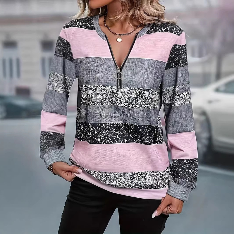 2026 Amazon Cross-Border European and American Autumn and Winter Women's Round Neck Printed Loose Zipper Sweatshirt Knitted Long-Sleeved Top 2026 Amazon Cross-Border European and American Autumn and Winter Women's Round Neck Printed Loose Zipper Sweatshirt Knitted Long-Sleeved Top