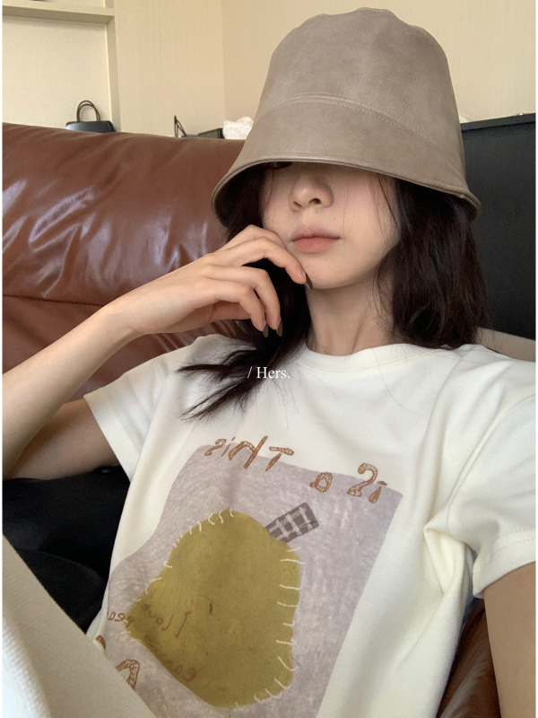 Hers一勺甜秋季韩系简约风小众图案印花正肩圆领短袖T恤女92304|undefined