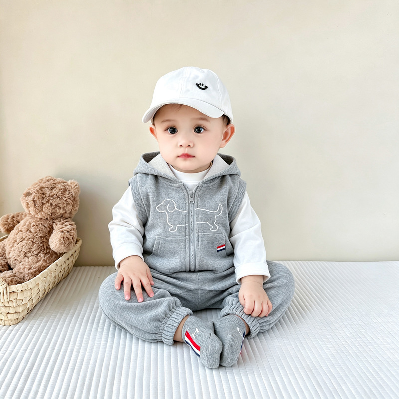 Infant and toddler autumn clothing set, stylish three-piece outfit for boys, including hooded vest, base shirt, and casual pants Infant and toddler autumn clothing set, stylish three-piece outfit for boys, including hooded vest, base shirt, and casual pants