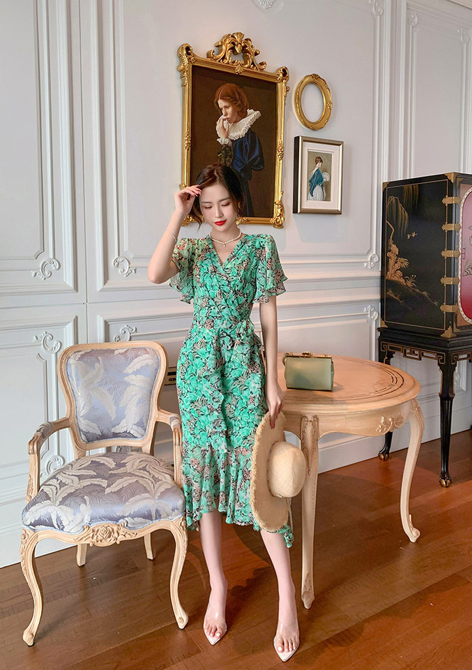 Váy maxi đuôi cá voan xếp tầng kiểu Pháp tay bồng che khuyết điểm — Màu xanh lá chi tiết 5