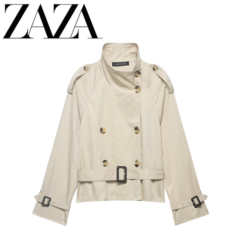 Qadın qısa plaş, kəmərli casual trench