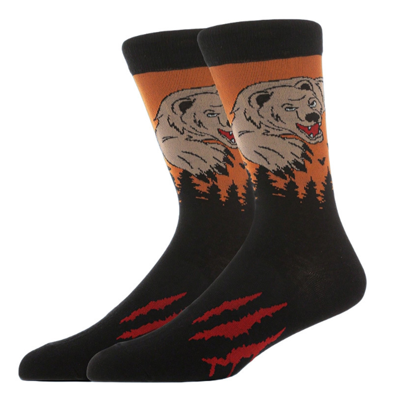 Animal Series Mid-Calf Printed Socks with Lion, Bear, Snoopy Cartoon Designs, Cotton Socks