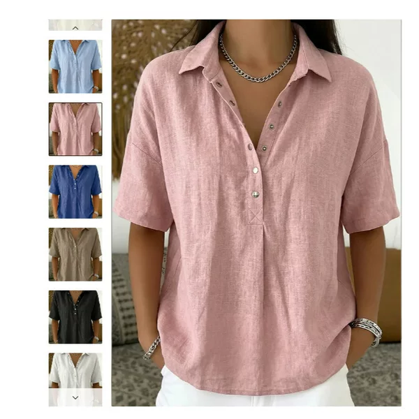 2026 Amazon Cross-Border Independent Site European and American Summer Cotton and Linen Women's Loose and Comfortable Lapel Short-Sleeved Solid Color Shirt