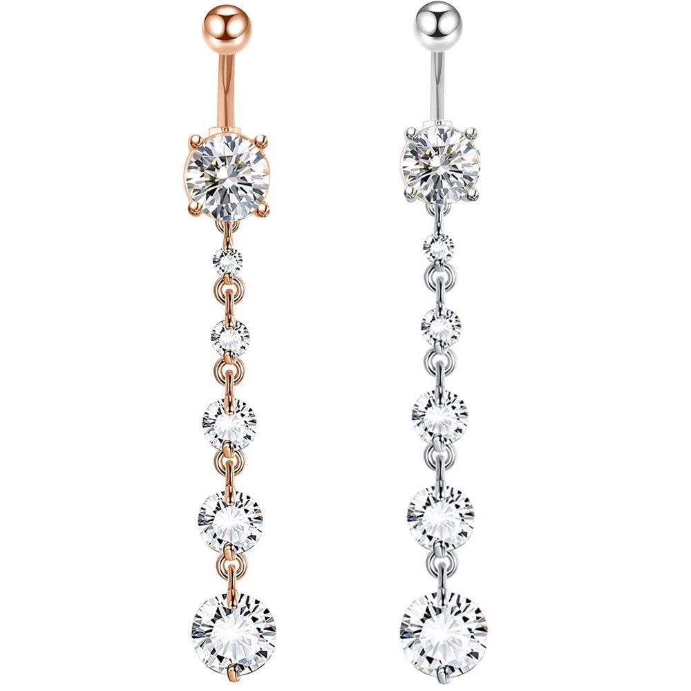 Simple Copper Zircon Belly Button Ring - Stainless Steel Dangle Navel Piercing Jewelry Rose Gold detail image 8