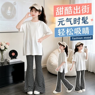 女童夏季套装2026新款洋气女孩大童韩系宽松短袖条纹烟管裤两件套