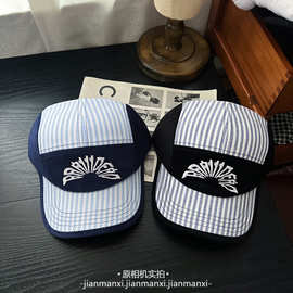 条纹灯芯绒拼接撞色五片棒球帽女早秋2025新款百搭显脸小鸭舌帽男