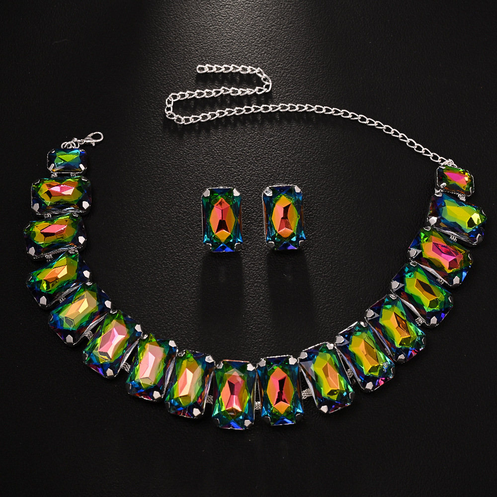 Cross-Border moda rhinestone collar traje europeo y americano personalidad exagerada collar cuadrado pendientes accesorios conjunto de joyas