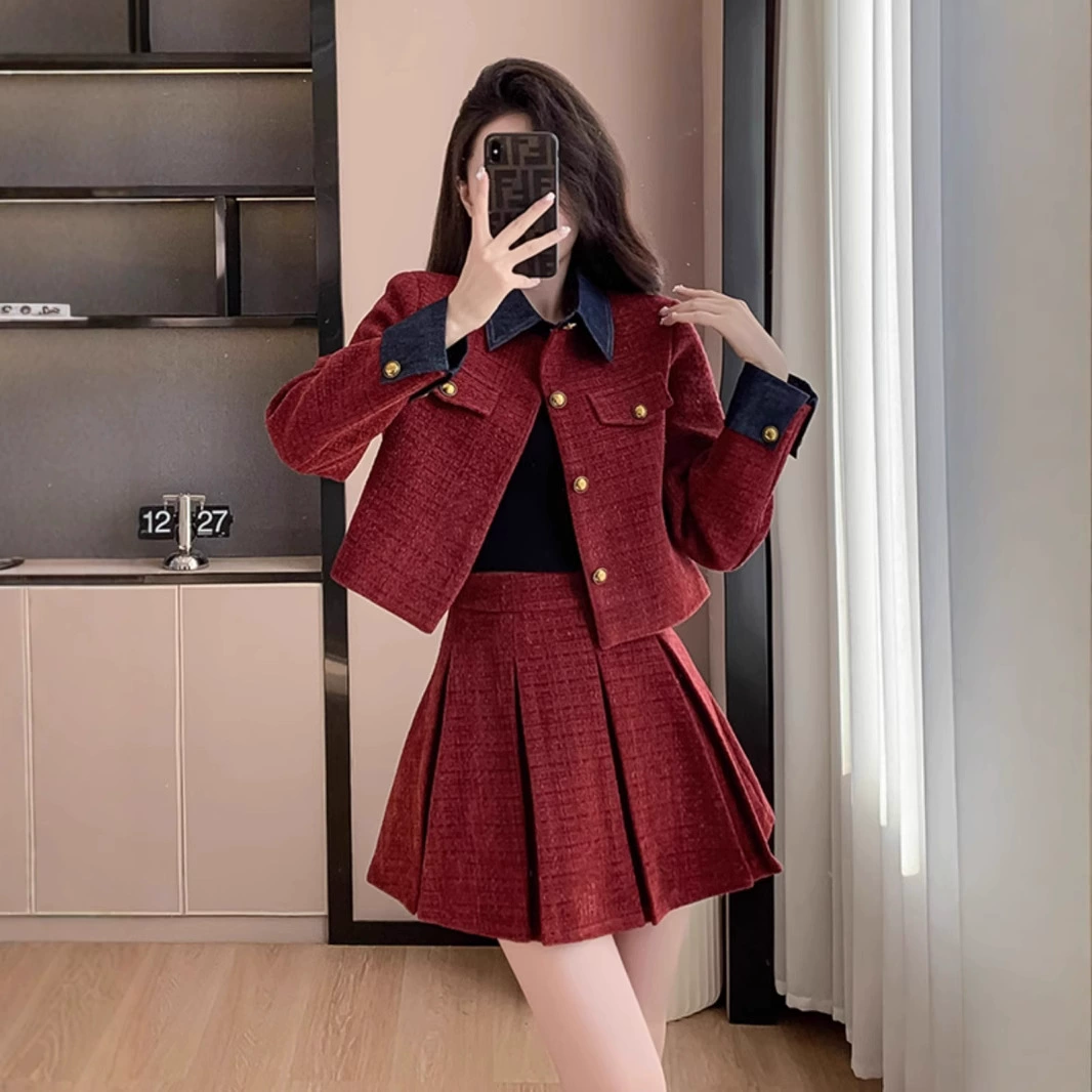 Осеннее и зимнее французское светское красное маленькое ароматное платье женская натальная одежда новогодняя одежда плиссированная юбка из двух частей