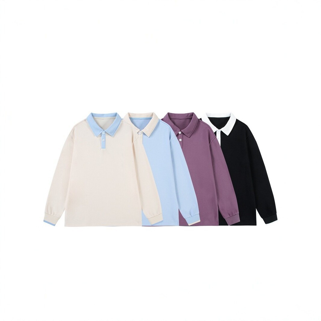 Two-tone collared long-sleeve polo shirt, spring and autumn style, loose casual sports sweatshirt, unisex college style top