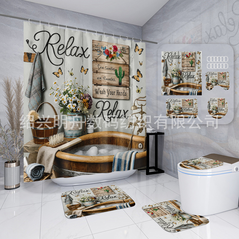 Rustic Vintage Floral Wooden Bucket Bathroom Four-Piece Set Waterproof Shower Curtain Non-Slip Floor Mat U-Shaped Toilet Mat Bathroom Set