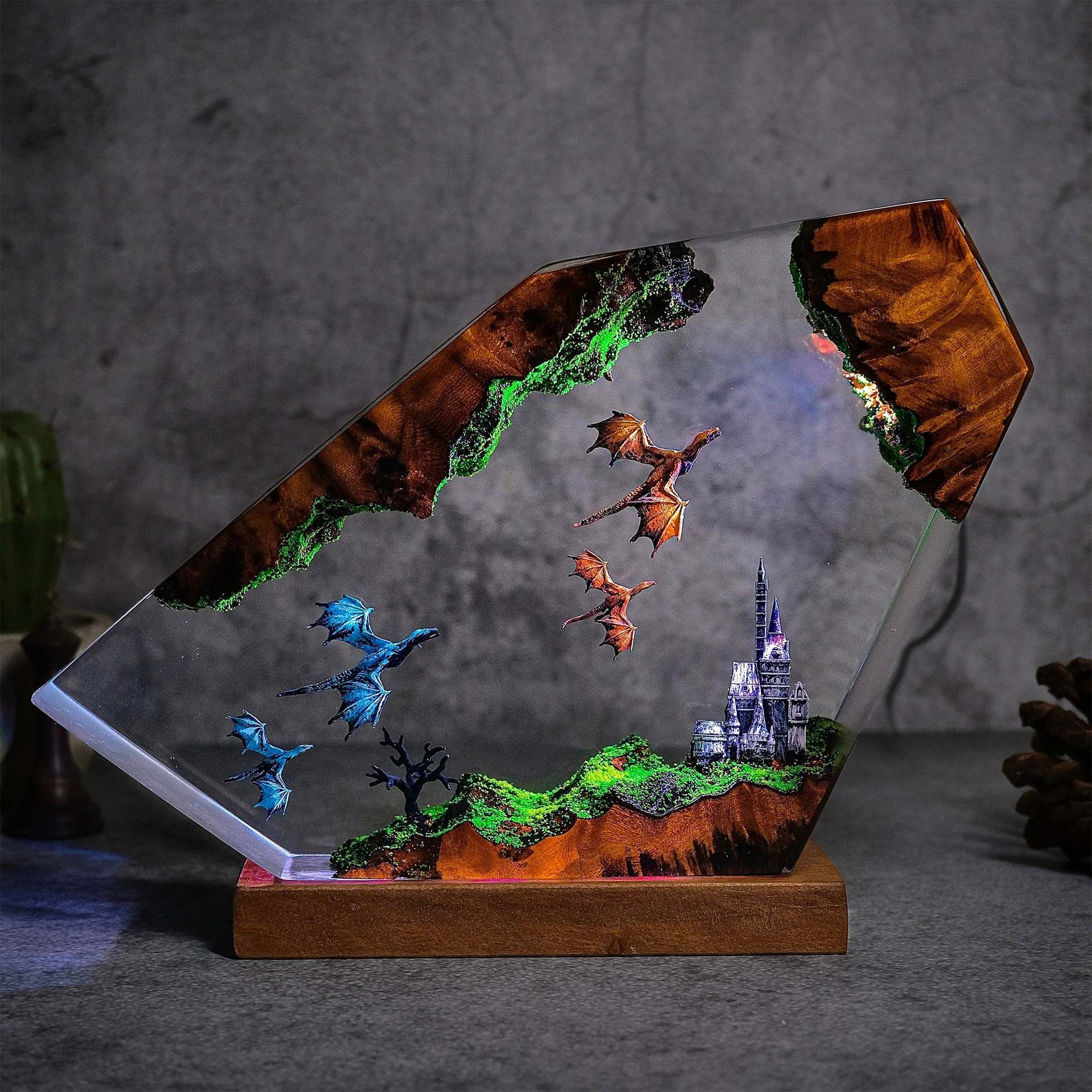 Resin Lamp Epoxy Dragon And Castle Handmade Resin Lamp Halloween Gift_maomaolike.com