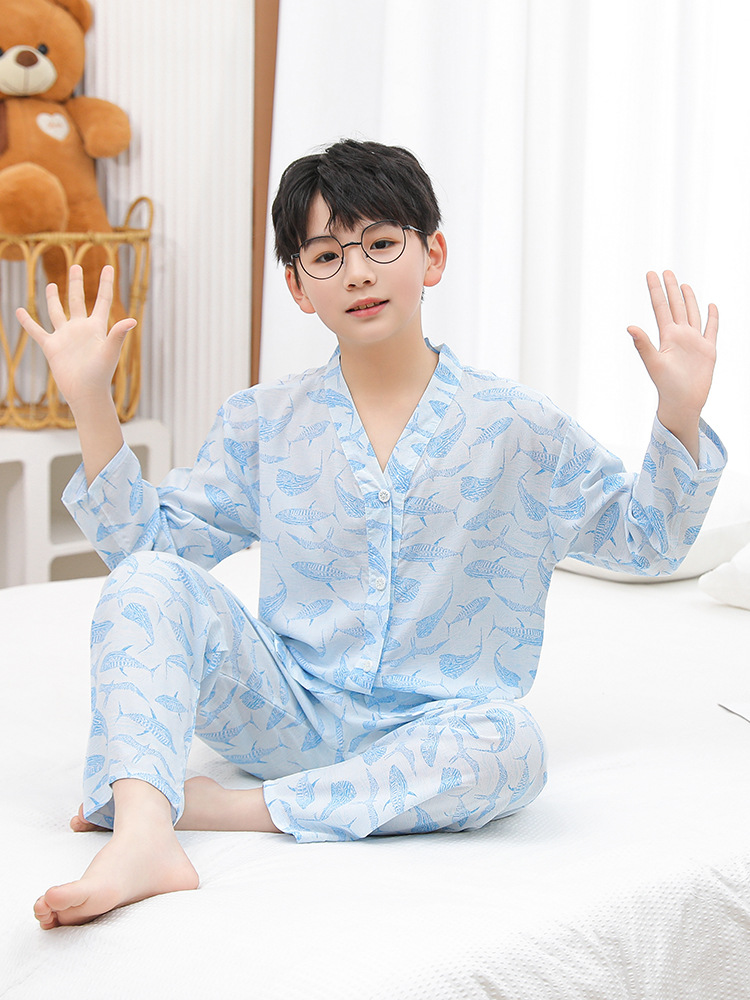 睡衣长袖棉绸空调服服装夏一家四口宝宝亲子装薄款童儿童棉纱睡衣