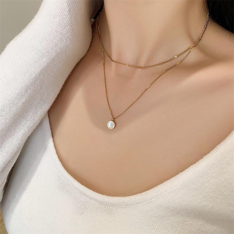 Wholesale Jewelry Simple Style Solid Color Mother Pearl Shellfish Titanium Steel Layered Necklaces display picture 1