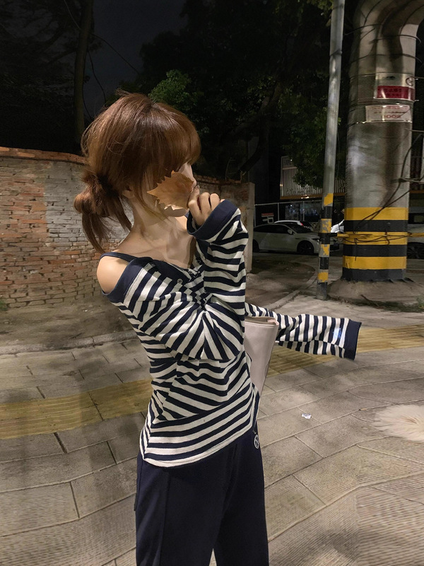 甜辣妹条纹长袖T恤女2025早秋新款慵懒宽松一字肩内搭打底衫上衣|undefined