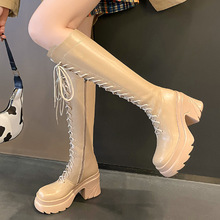小个子厚底长靴女2022年秋冬季侧拉链松糕底防水台高筒系带骑士靴