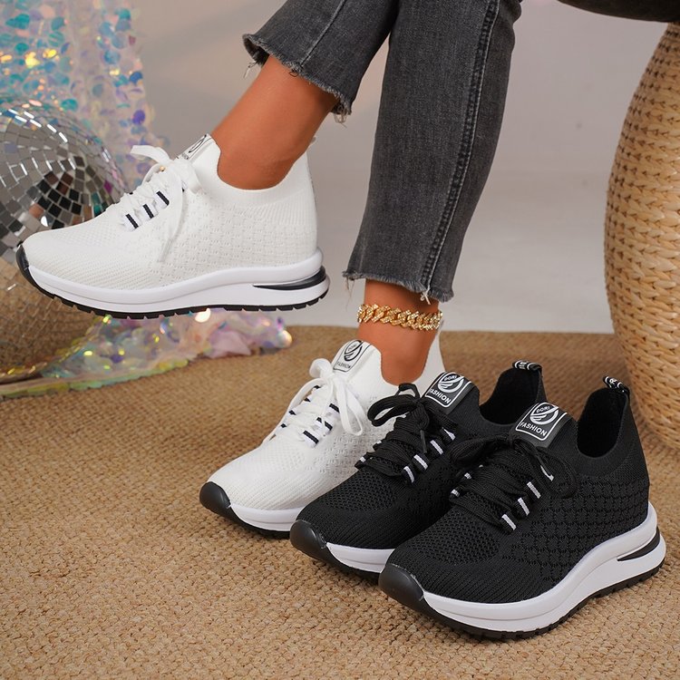 Inner Height-Increasing Sports Shoes for Women 2025 Spring & Fall New Korean Style Fashionable Casual Thick-Soled Fly-Knit Breathable Student Running Shoes