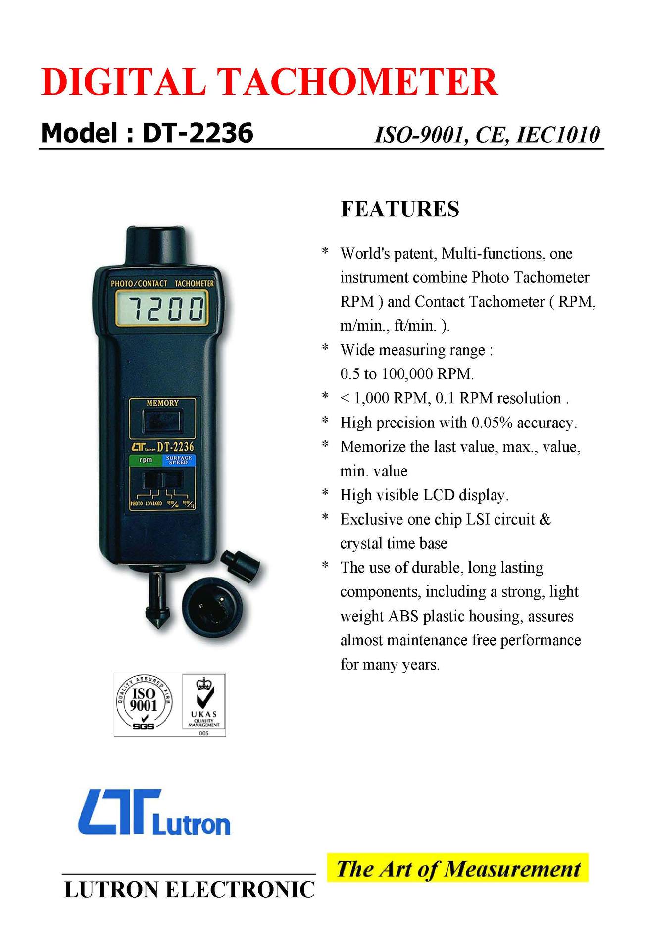 Multifunctional Tachometer Dt-2236 Photoelectric Contact-Type Dual-Purpose Tachometer Laser Contact Speed Tester