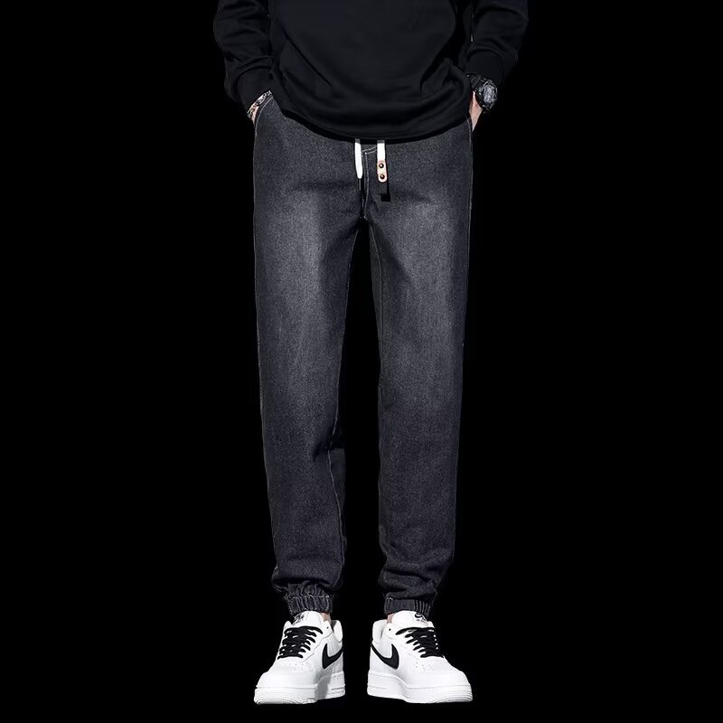 2024 primavera y otoño pantalones vaqueros de cintura elástica todo fósforo para hombres, pantalones de pierna ancha rectos sueltos para adolescentes de la calle principal