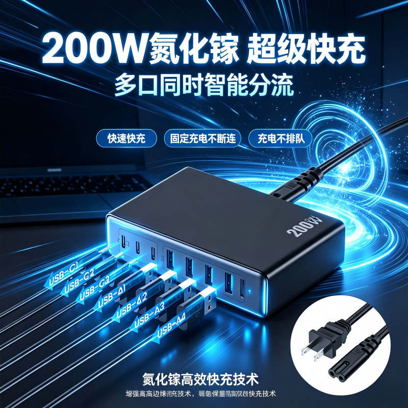 Cross-Border 200W Gallium Nitride Multi-Port Charger Pd Fast Charging Usb-A 10-Port Desktop Multi-Device Charging Station Manufacturer Cross-Border 200W Gallium Nitride Multi-Port Charger Pd Fast Charging Usb-A 10-Port Desktop Multi-Device Charging Station Manufacturer