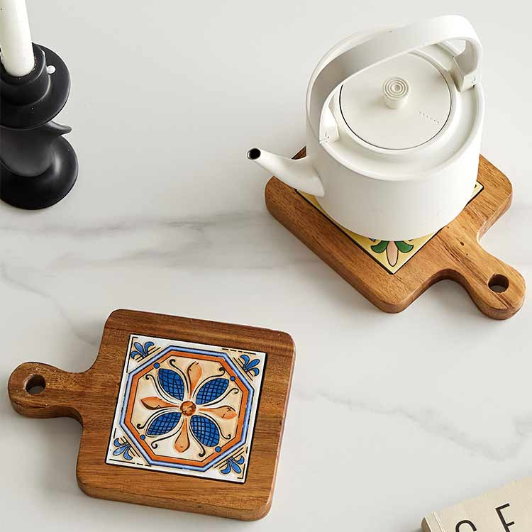 Alfombrilla para ollas con mango de azulejos florales de estilo japonés, almohadilla de aislamiento térmico, alfombrilla antiescaldaduras, posavasos, almohadilla de aislamiento térmico para ollas de sopa y cazuelas domésticas, alfombrilla de madera con aislamiento térmico.