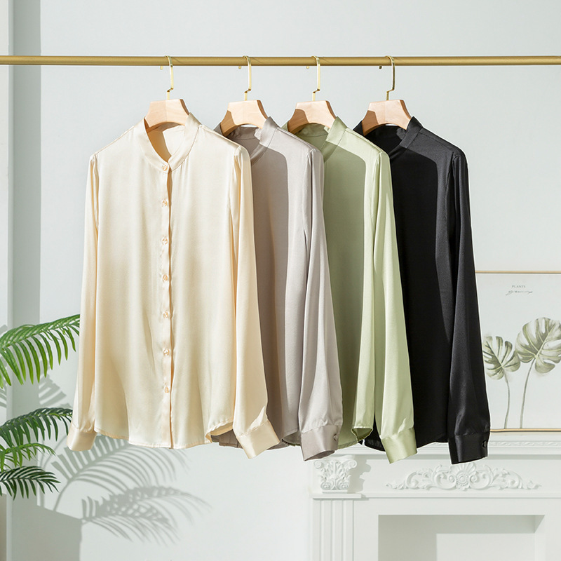 2026 Spring and Autumn New Silk Shirt for Women, Satin Long Sleeve Blouse, Elegant and Unique Mulberry Silk Top with Stand Collar Cardigan