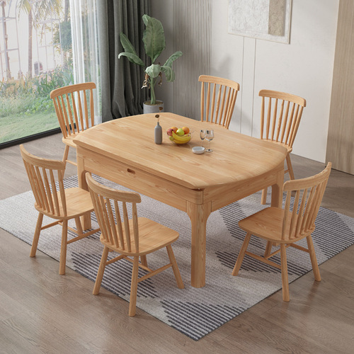 Beechwood Nordic Modern Minimalist Solid Wood Combination Dining Table and Chairs, Square and Rectangular Dual-Purpose Home Edition, Light Luxury Set