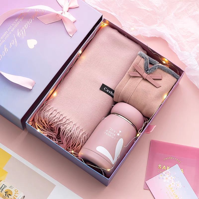 Pink scarf + german velvet gloves + thermos cup + rabbit