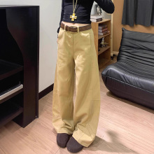 卡其色复古阔腿牛仔裤女2025秋季新款宽松休闲设计感直筒拖地长裤