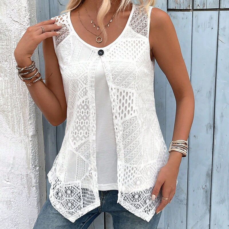 2025 Amazon Independent Station European and American Cross-border Vest Decorative Buckle Mesh Sleeveless Fake Two Pieces