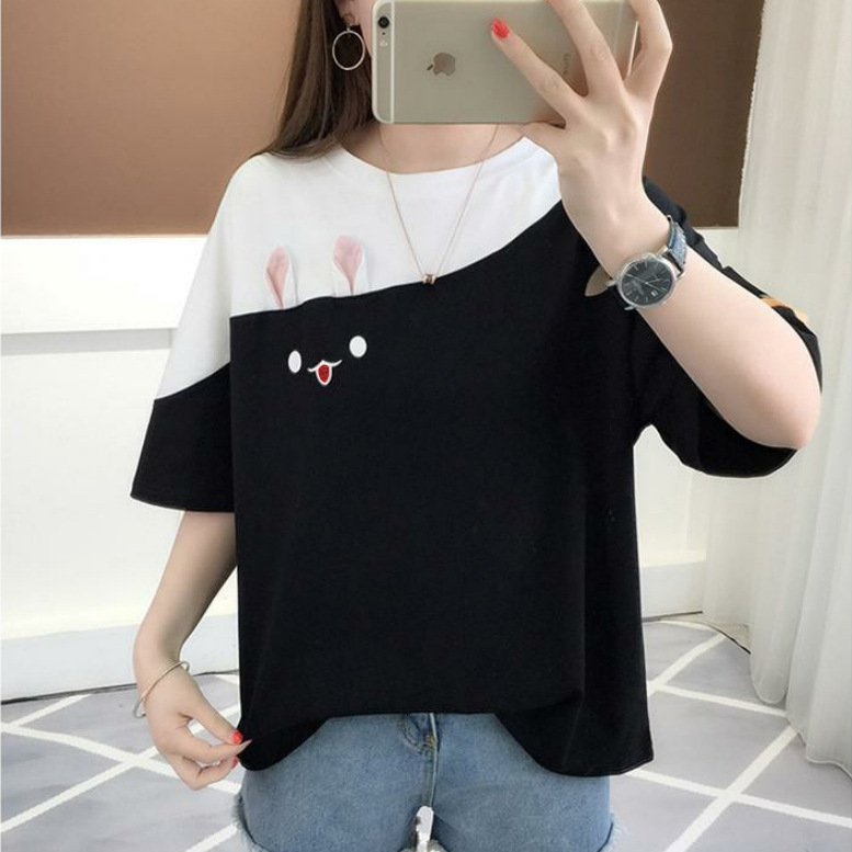 2023 verano nuevo conejo bordado estilo coreano color coincidencia camiseta estudiante superior suelta manga corta ropa de mujer tienda de una sola pieza image 4