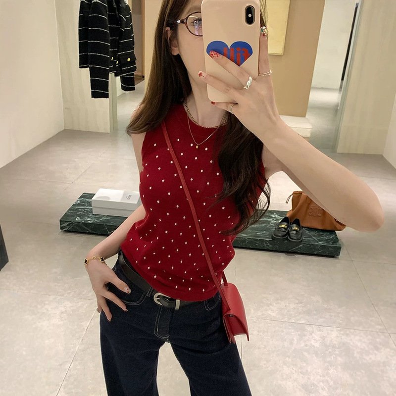 Hong Kong Style Spicy Girl Round Neck Polka Dot Camisole Knit Top for Women, New Summer Sleeveless Slim Fit Slimming Top Hong Kong Style Spicy Girl Round Neck Polka Dot Camisole Knit Top for Women, New Summer Sleeveless Slim Fit Slimming Top