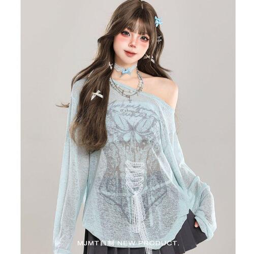 Summer pure desire graffiti hot girl printed blouse, long-sleeved sunscreen design, loose lazy shirt, women's new blouse, hot fashion