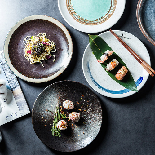 Japanese round shallow plate commercial retro hotel western food dessert ceramic tableware home salad plate fruit plate