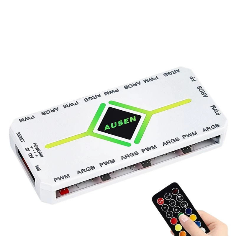 ARGB controller (AUSEN) 5V 3‑pin, PWM fan control, temperature‑sensing hub, wireless remote