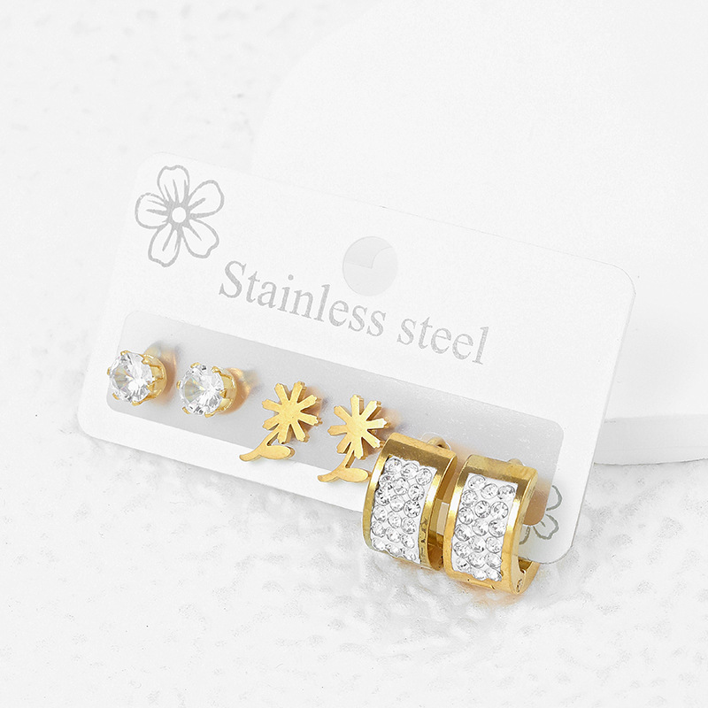 Stud Earrings Set Gold Stainless Steel Floral Diamond Inlaid_voghion.com