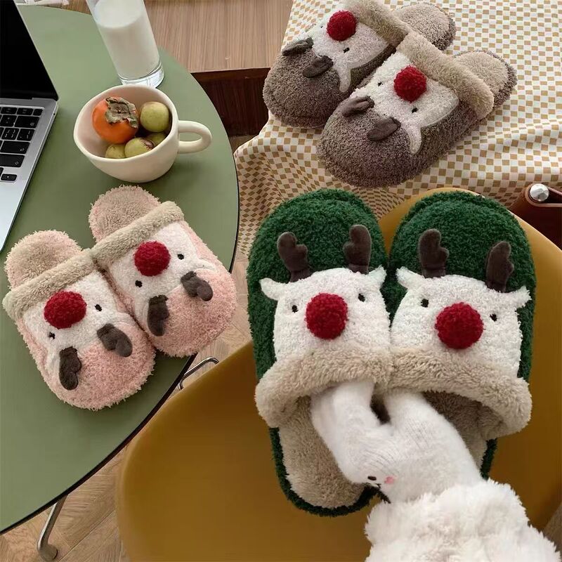 Cute Christmas Elk Cotton Slippers for Women Winter Ins Fashion Home Non-Slip Couple Stuffed Cotton Shoes for Men