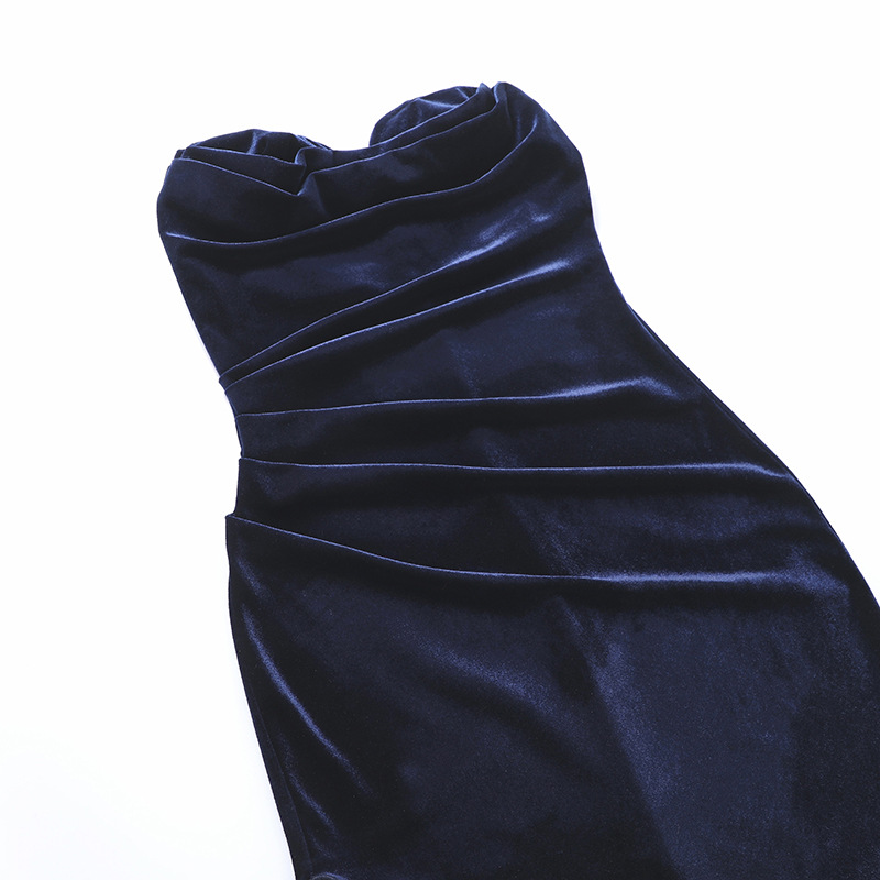 velvet tube top split solid color pleated dress NSLSA110793