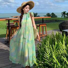 夏季扎染绑带蓬蓬裙高级感小众宽松显瘦少女初恋气质无袖连衣裙女