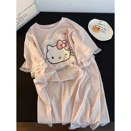 甜美少女Kitty猫纯欲短袖睡裙夏季2025新款粉色舒适蕾丝居家裙子