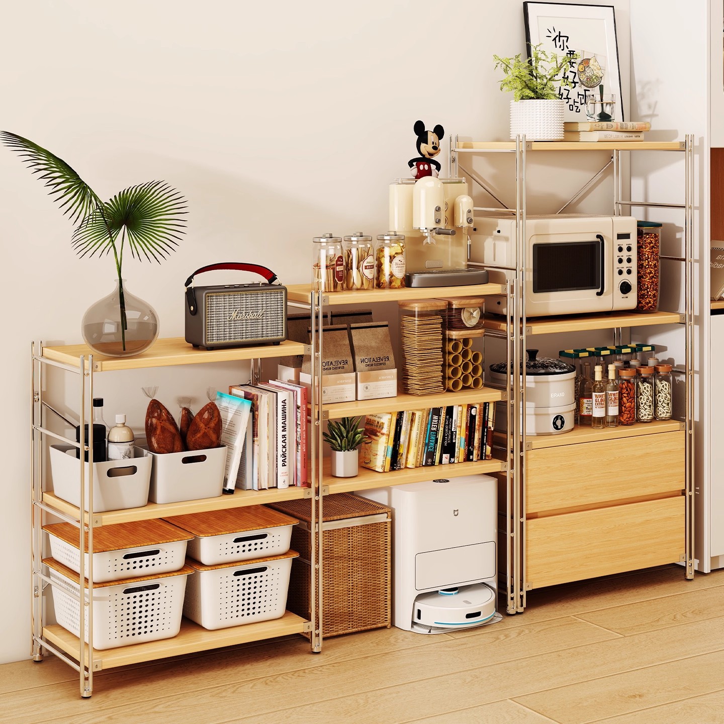 Muji estante japonés estante de piso estante de almacenamiento multicapa estante de almacenamiento sala de estar contra la pared armario de comedor cocina microondas