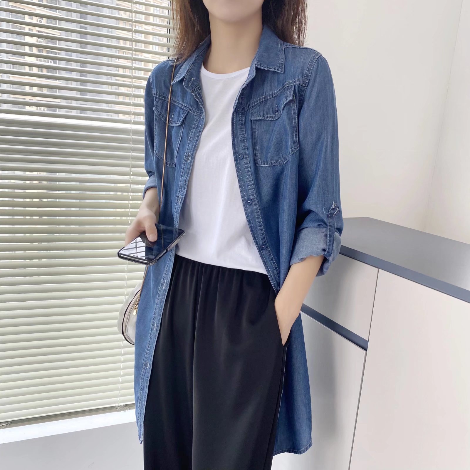 ​​Women’s Tencel Denim Shirt – Upgraded Breathable Long Sleeve Blouse (Light/Dark Blue, M-XXXL)​​_mkmklike.com